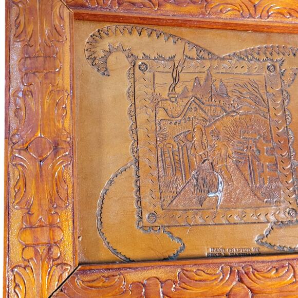 Gene L. Hartranft Handcrafted Leather Tooling Framed Folk Art Farmscape 13x11 - Picture 5 of 8